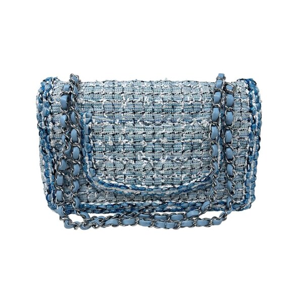 CHANEL19C Blue Braided Tweed Classic Medium Double Flap Bag Silver Hardware - Picture 4 of 14